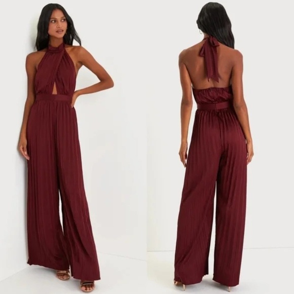 Lulu's Wine Halter Maxi Jumpsuit